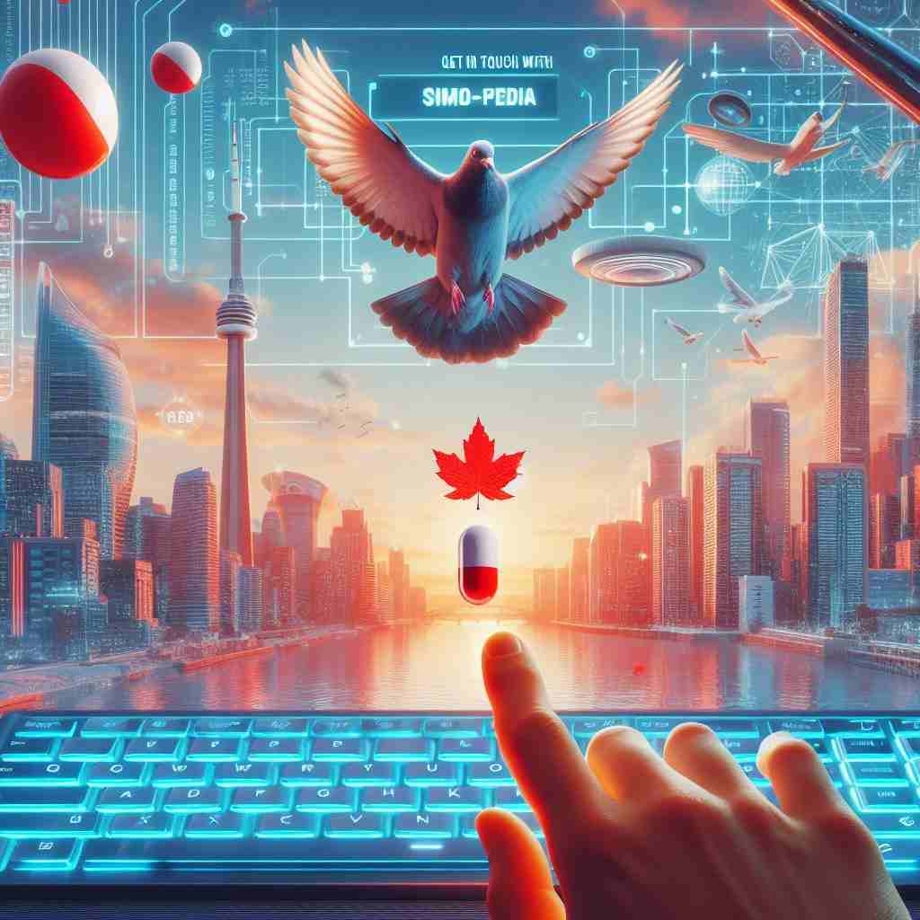 get in touch - A futuristic cybernetic cityscape with a soaring Canadian goose, the CN Tower, a pixelated Maple Leaf, a suspended 3D keyboard, and a reaching finger towards glowing words.