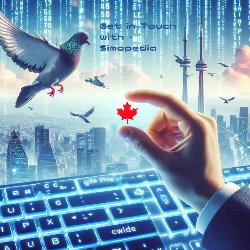 A cybernetic cityscape with a soaring Canadian goose, the CN Tower, a pixelated Maple Leaf, a suspended 3D keyboard, and a reaching finger - contact digital marketing agency in toronto