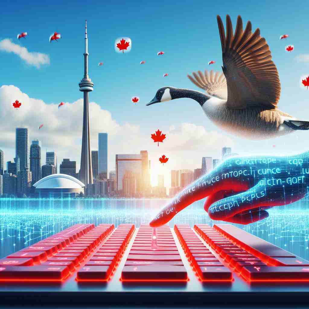 A cybernetic cityscape with symbolic elements and glowing words, including a Canadian goose, the CN Tower, a pixelated Maple Leaf, a suspended 3D keyboard, and a reaching finger.