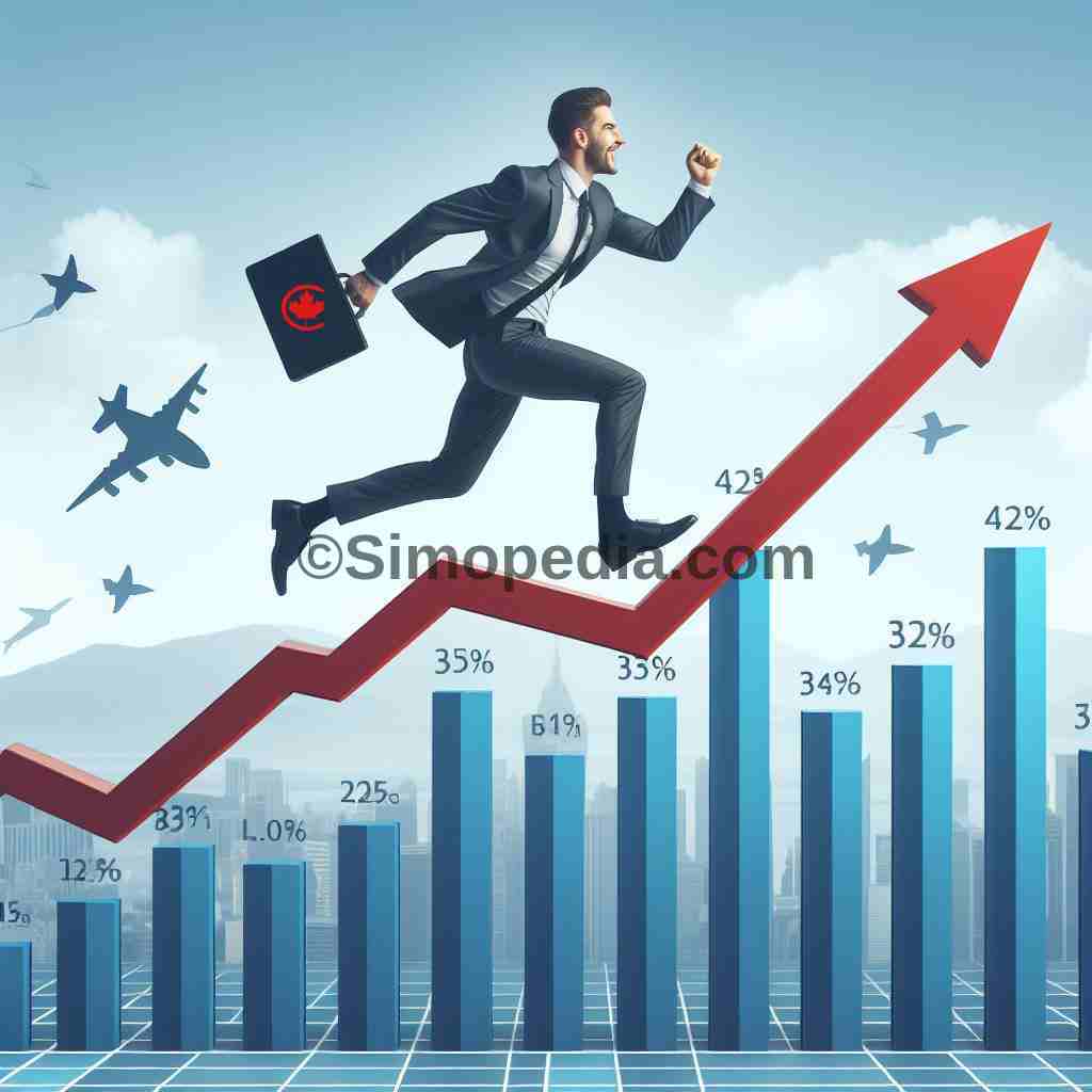 A businessman running on top of a market growth chart arrow symbol, with a happy face, in a suit, holding a case - Simopedia's digital marketing growth strategy.